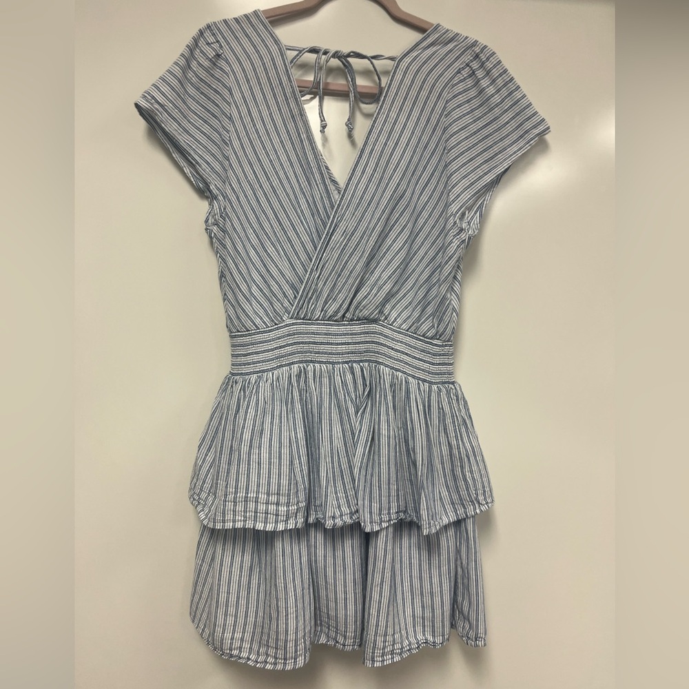 American Eagle Blue and White Cotton Linen Striped Mini Ruffled Dress Size M - Picture 3 of 9